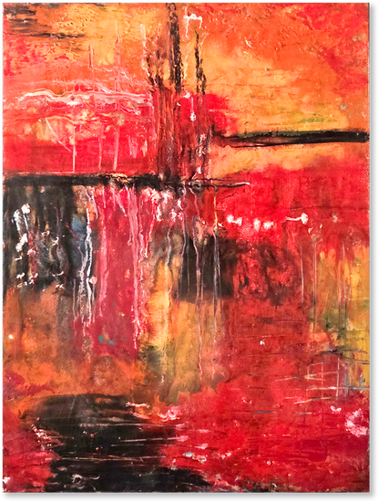 Abstract art with vibrant red, orange, and black colors
