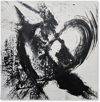 Abstract black and white painting with textured brush strokes