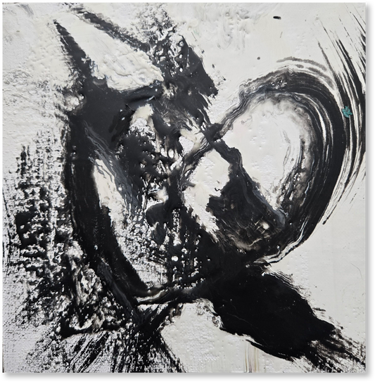 Abstract black and white painting with textured brush strokes