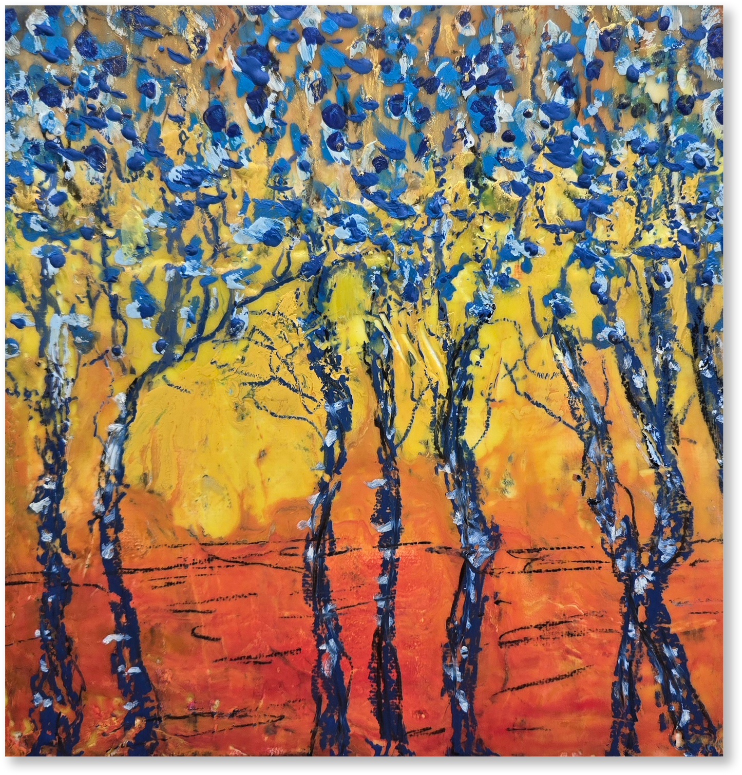 Abstract painting of trees with blue and yellow colors