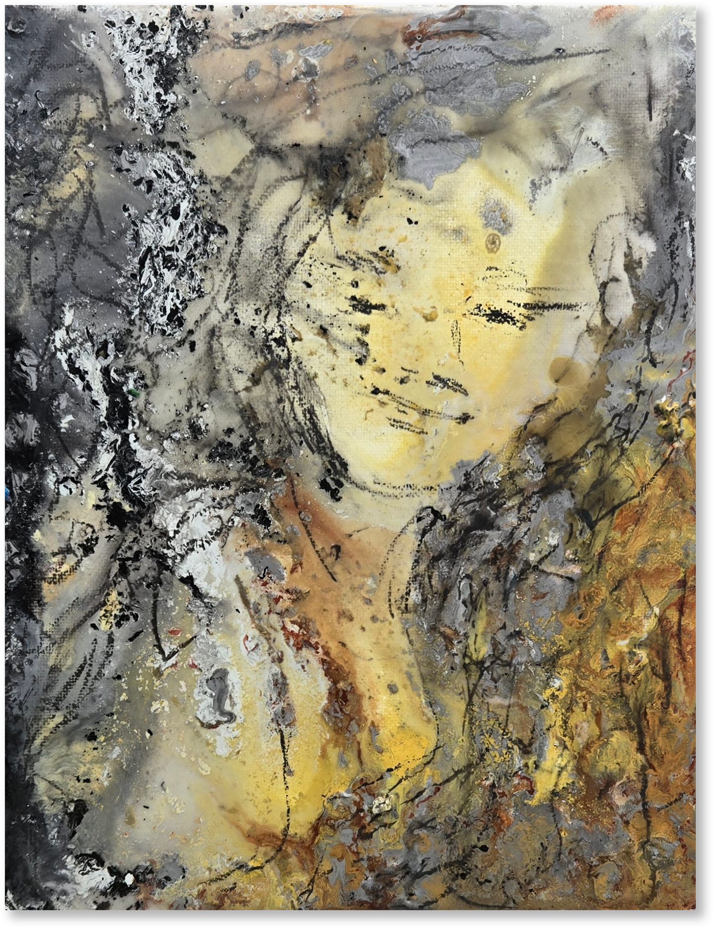 Abstract art piece with a central figure in yellow and brown tones on a textured background.