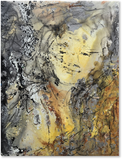 Abstract art piece with a central figure in yellow and brown tones on a textured background.