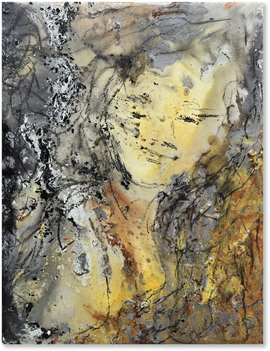 Abstract art piece with a central figure in yellow and brown tones on a textured background.