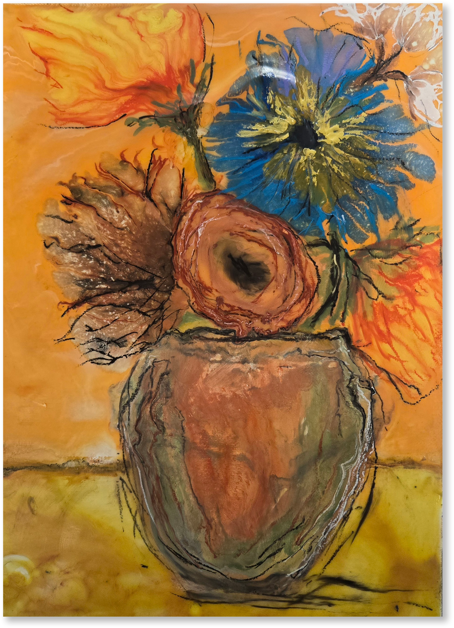 Artistic depiction of a vase with flowers on an abstract background