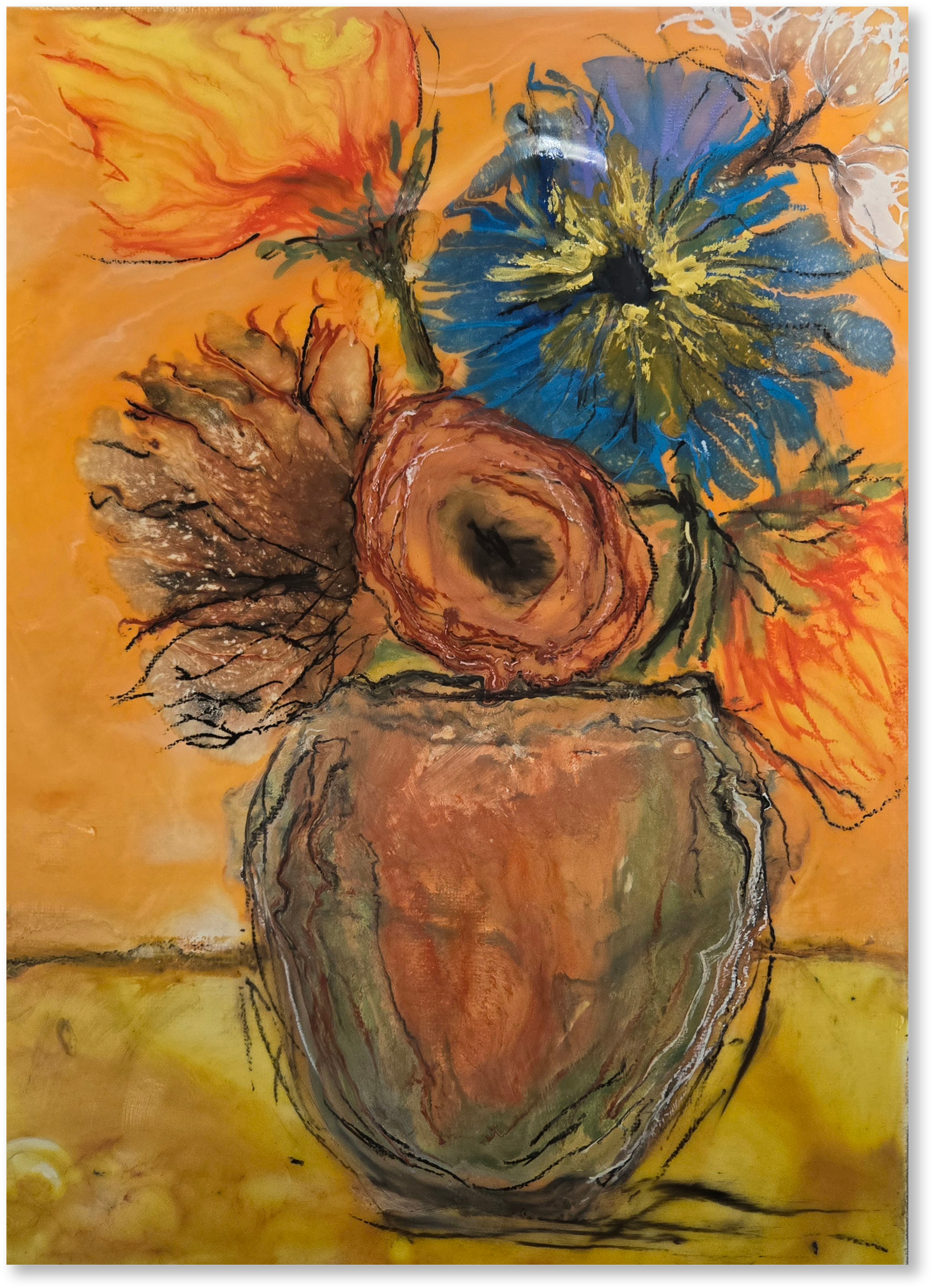 Artistic depiction of a vase with flowers on an abstract background