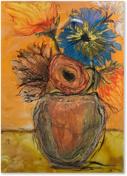 Artistic depiction of a vase with flowers on an abstract background