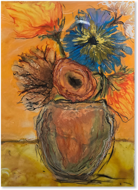 Artistic depiction of a vase with flowers on an abstract background