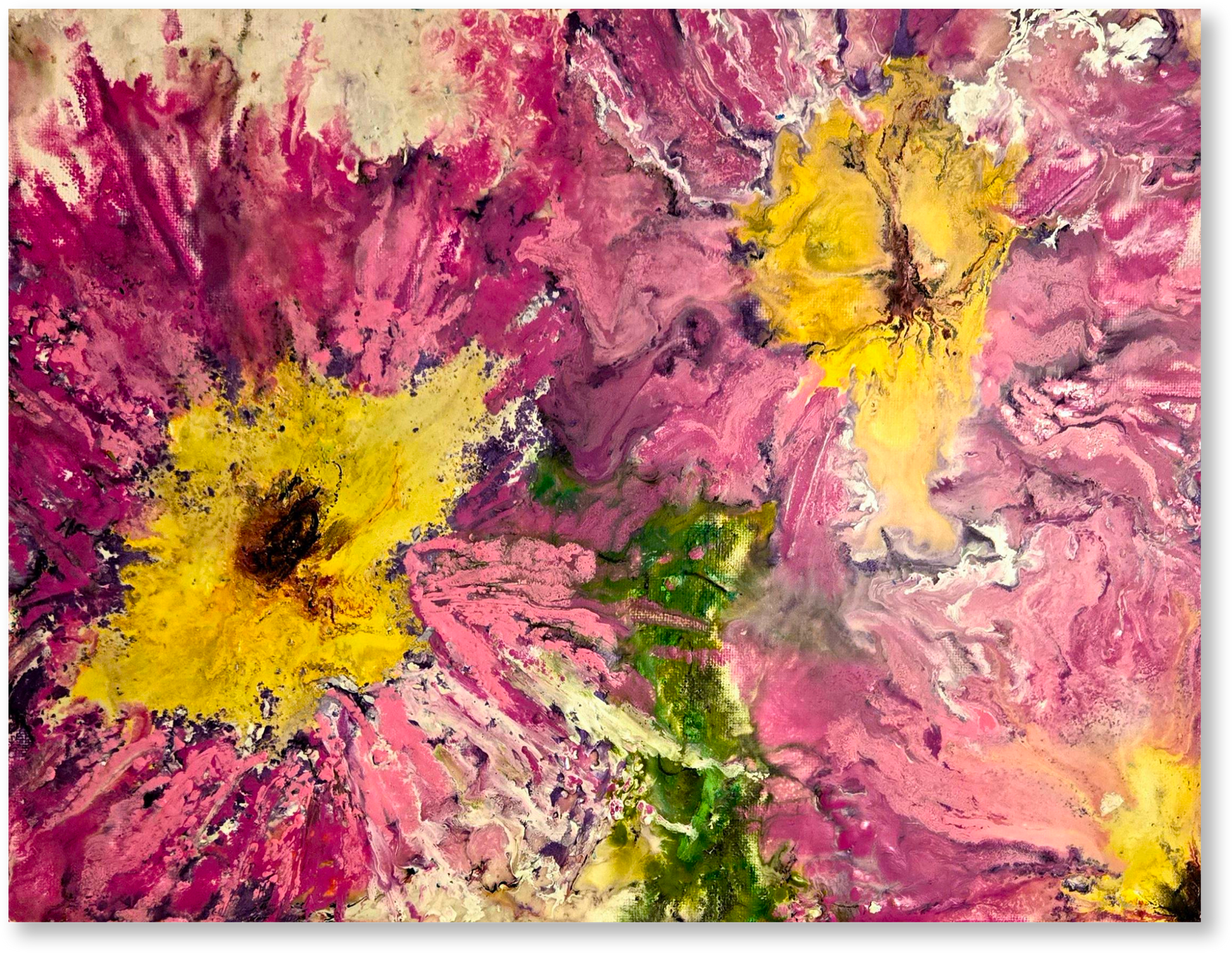 Abstract art with pink, yellow, and green colors