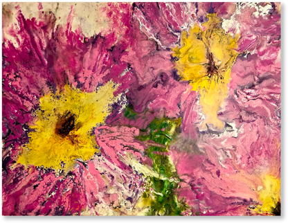 Abstract art with pink, yellow, and green colors
