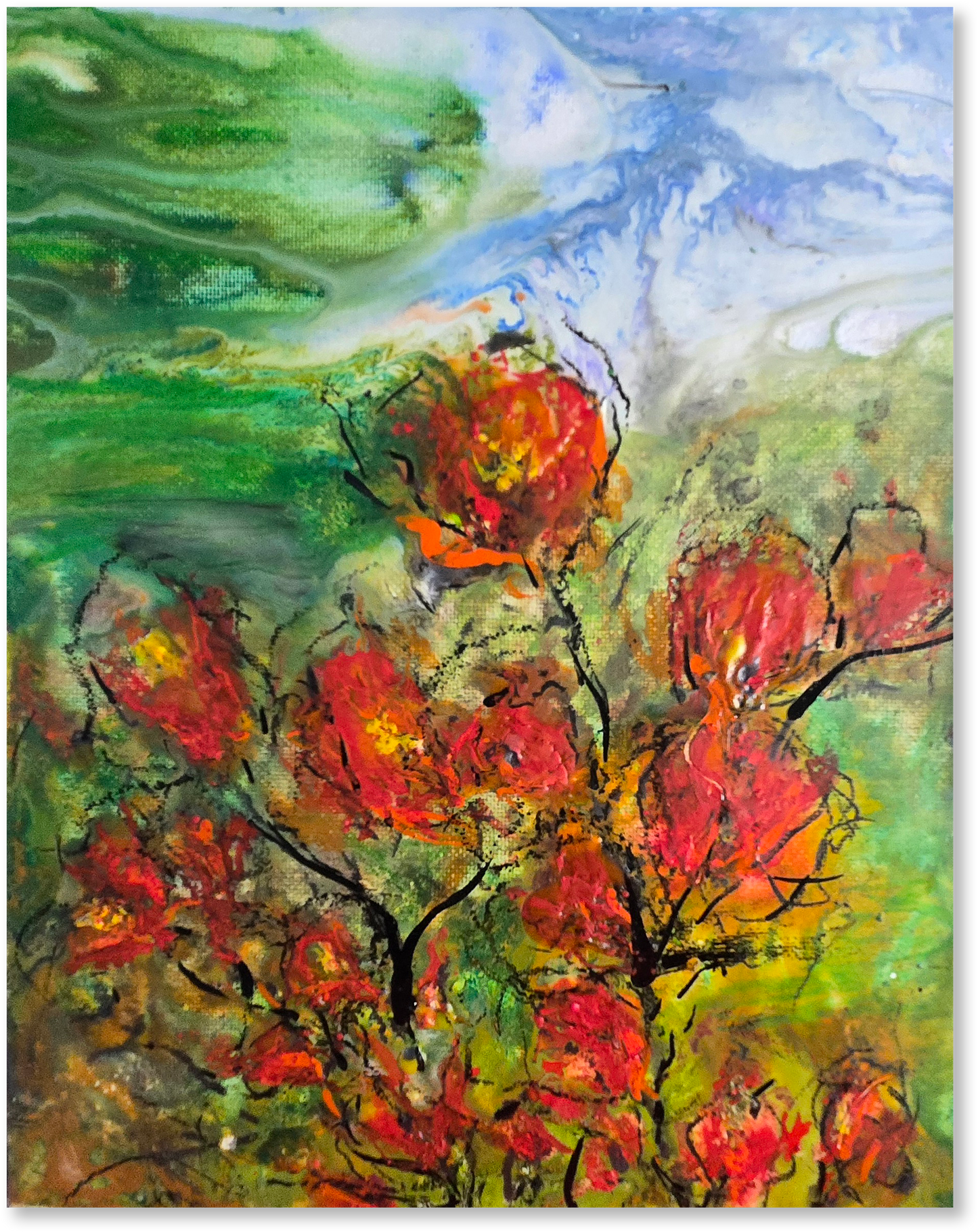 Abstract painting of a tree with red leaves against a green and blue background