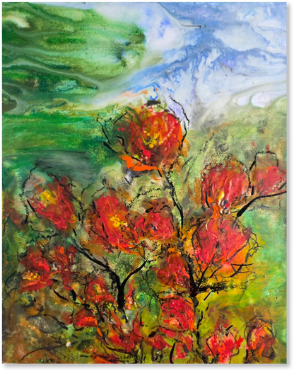 Abstract painting of a tree with red leaves against a green and blue background