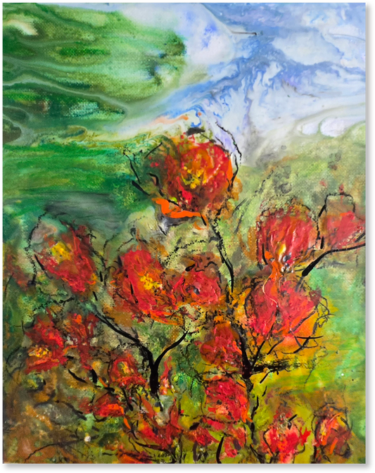 Abstract painting of a tree with red leaves against a green and blue background
