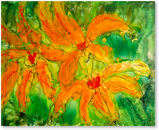 Abstract painting of orange flowers with green background