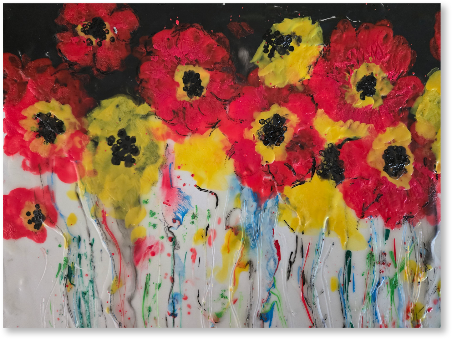 Colorful abstract painting of flowers with red, yellow, and black colors.
