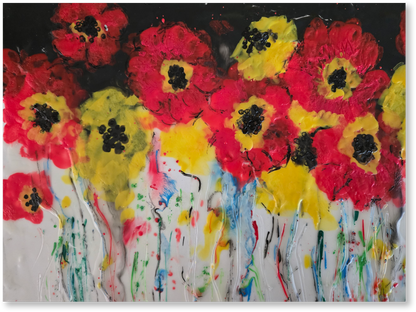 Colorful abstract painting of flowers with red, yellow, and black colors.