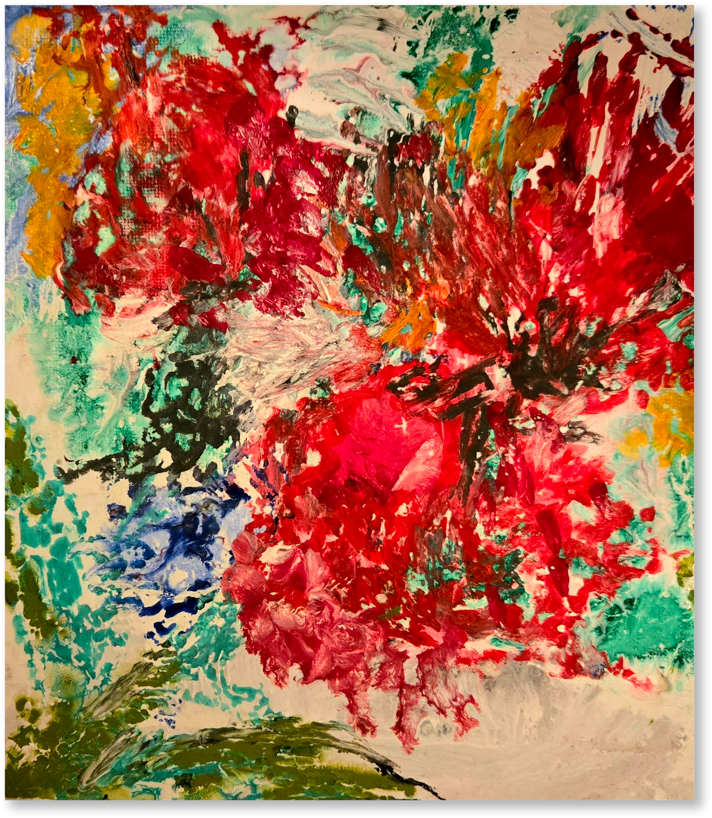 Abstract painting with vibrant red flowers and multicolor background