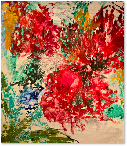 Abstract painting with vibrant red flowers and multicolor background