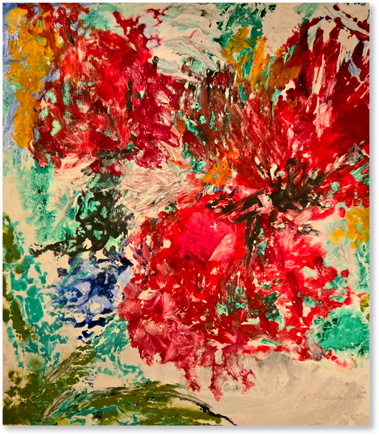 Abstract painting with vibrant red flowers and multicolor background