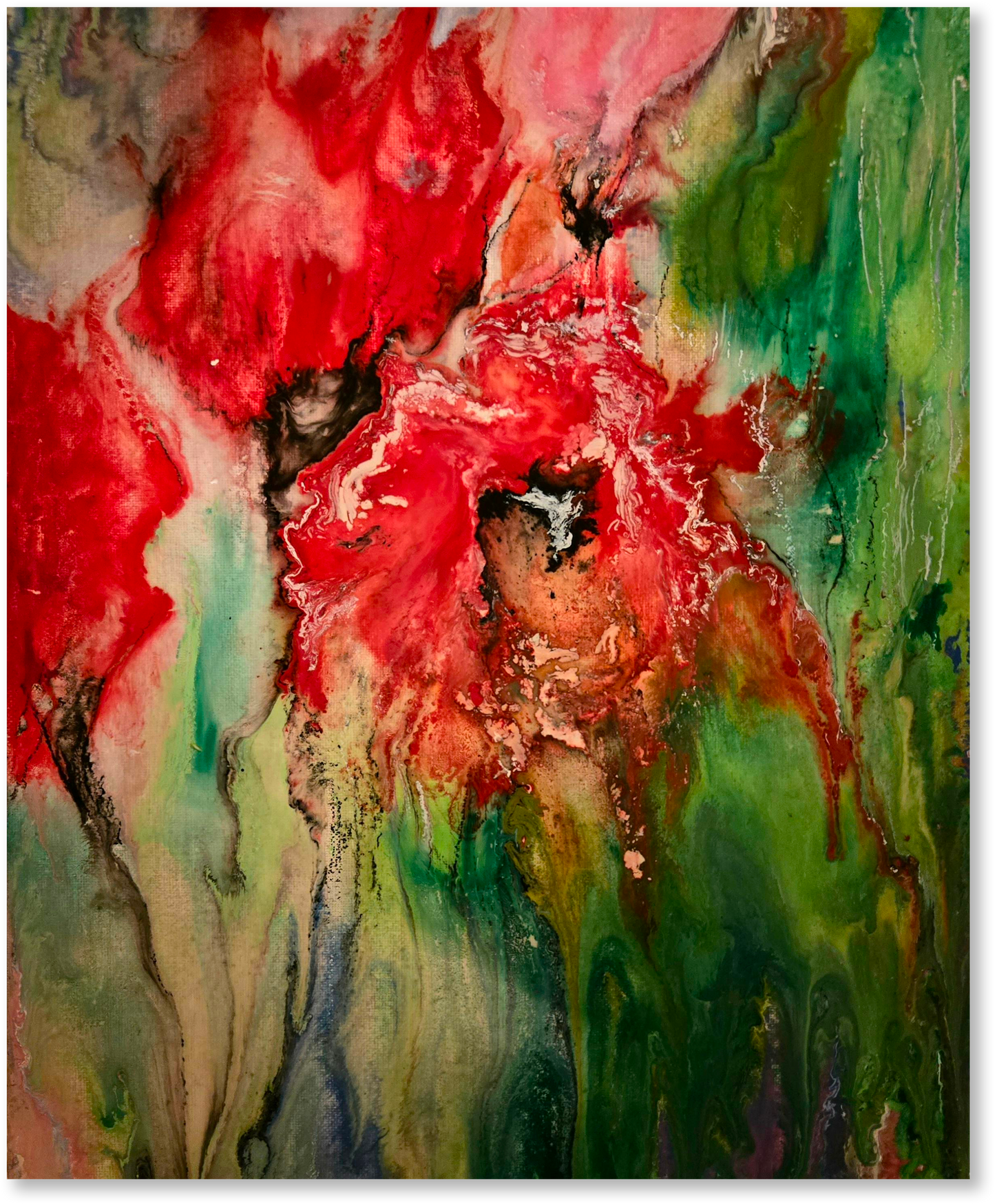 Abstract artwork with vibrant red and green colors