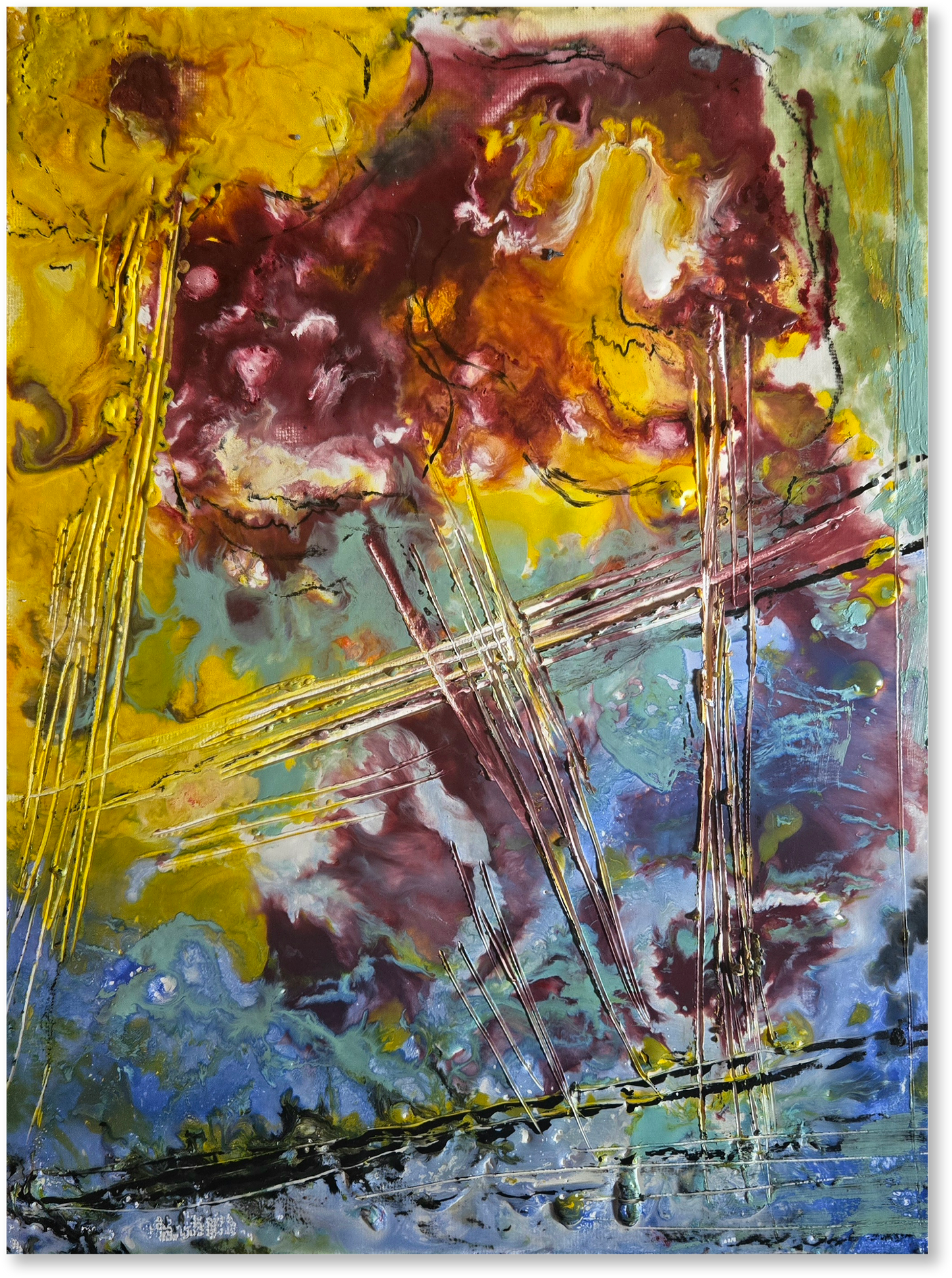 Abstract art piece with a mix of yellow, purple, and blue colors.