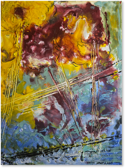 Abstract art piece with a mix of yellow, purple, and blue colors.