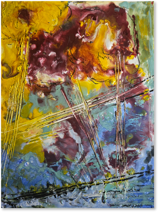 Abstract art piece with a mix of yellow, purple, and blue colors.