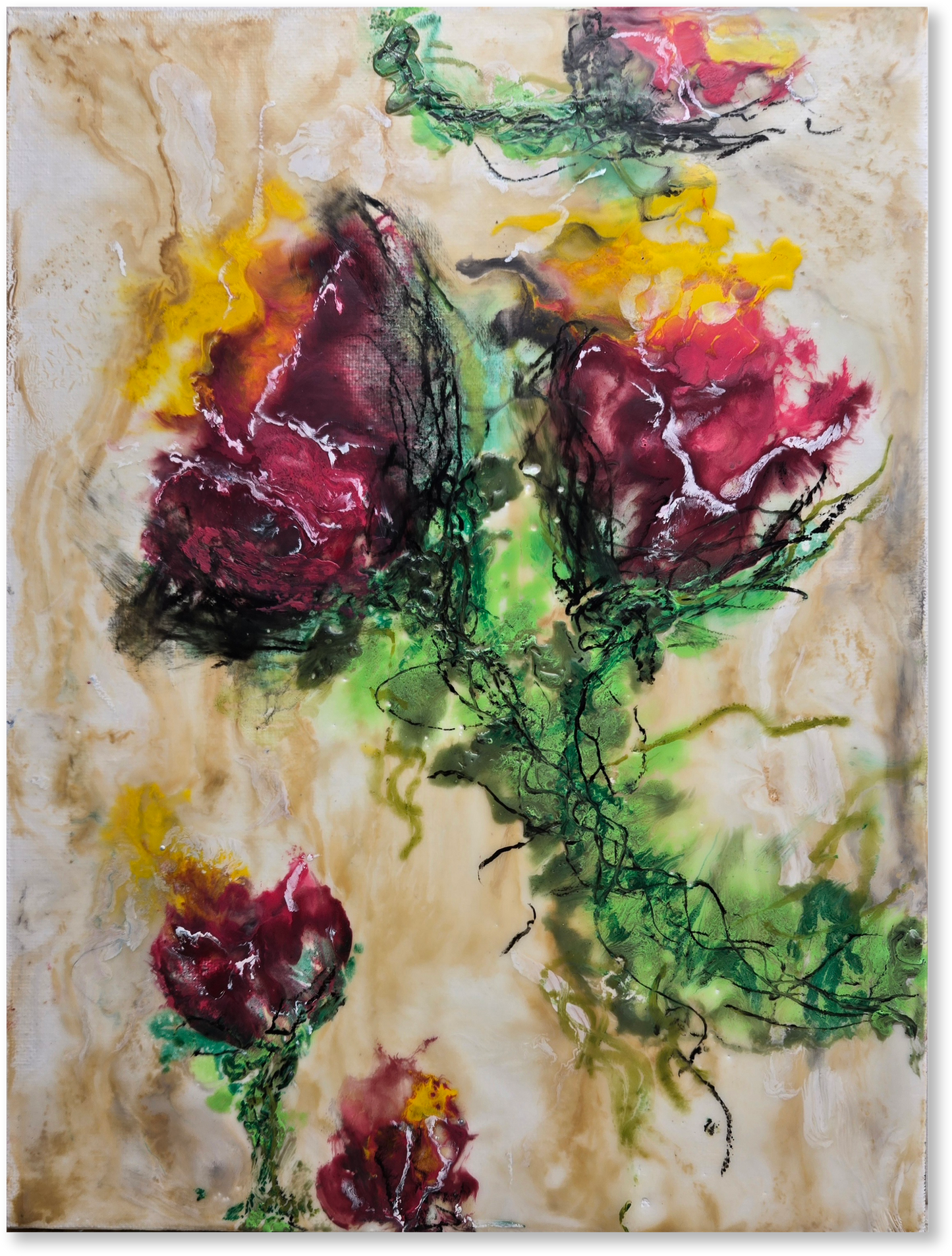 Abstract painting of flowers with a textured background