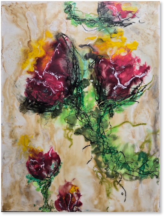 Abstract painting of flowers with a textured background