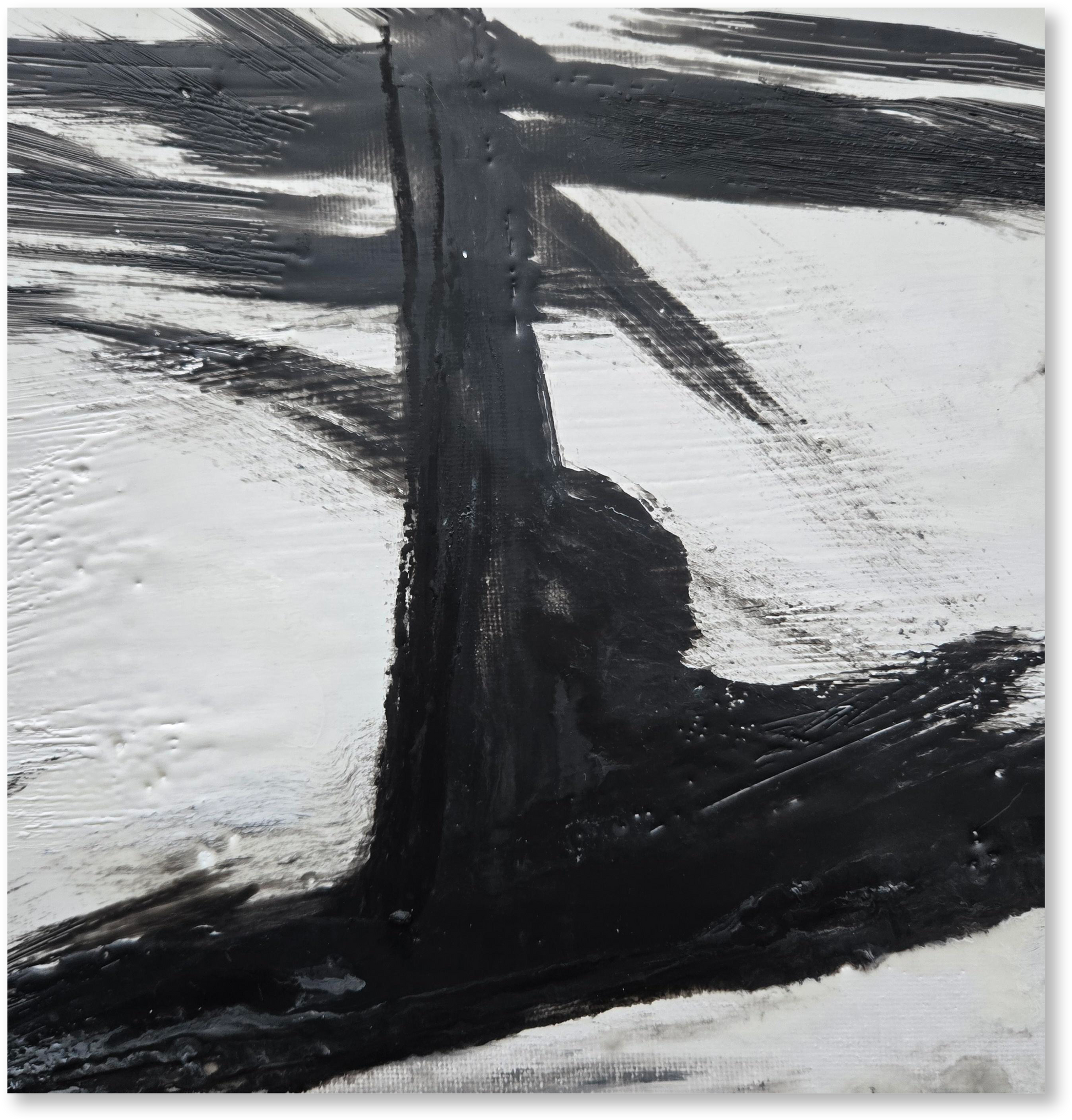 Abstract black and white painting with dynamic brush strokes