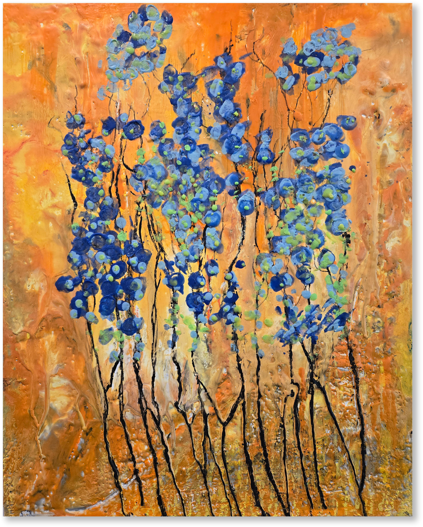 Abstract painting with blue floral shapes on an orange background