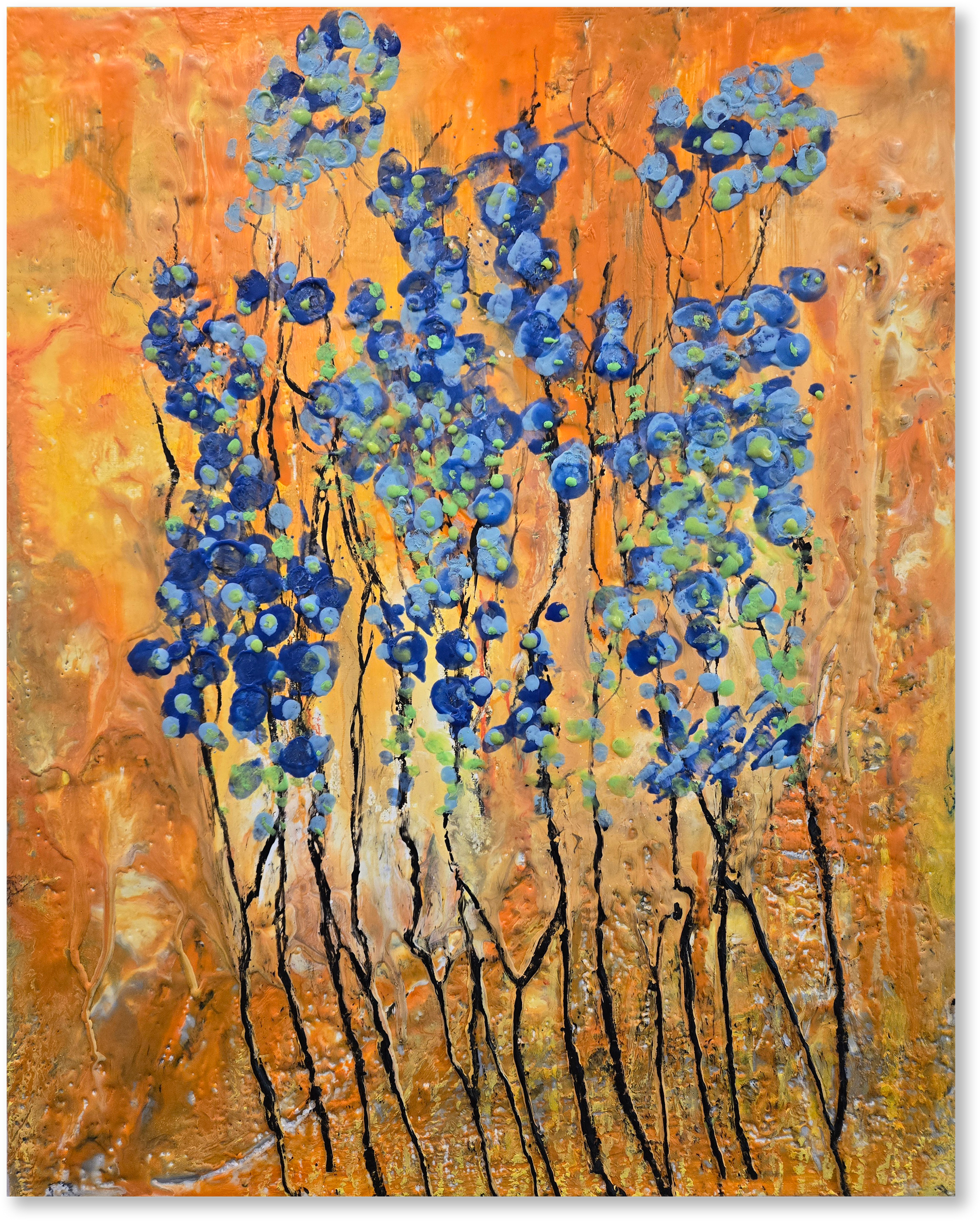Abstract painting with blue floral shapes on an orange background