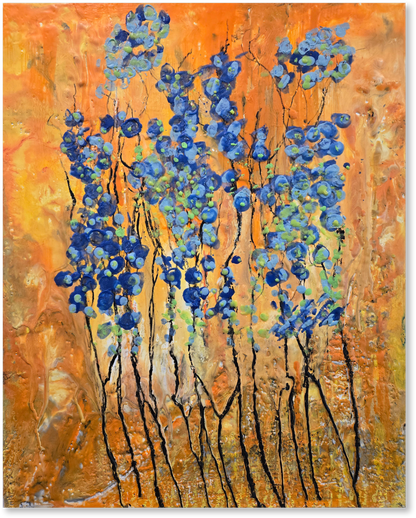 Abstract painting with blue floral shapes on an orange background