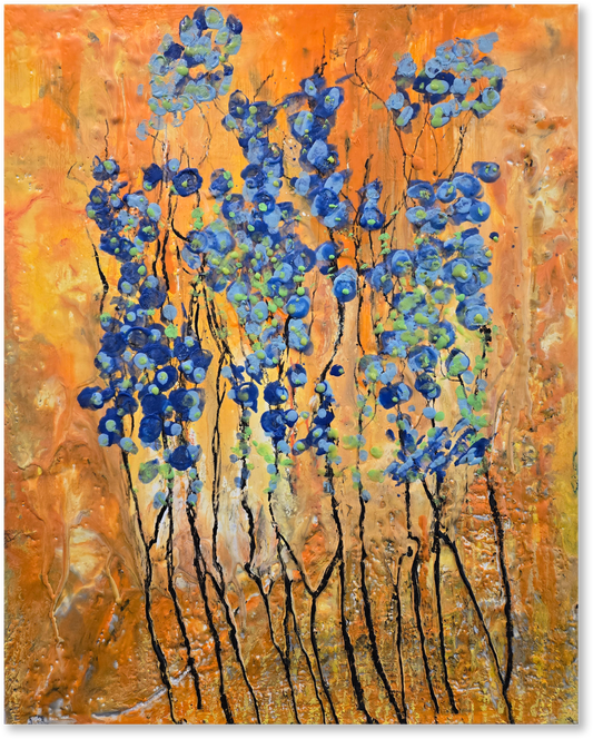Abstract painting with blue floral shapes on an orange background