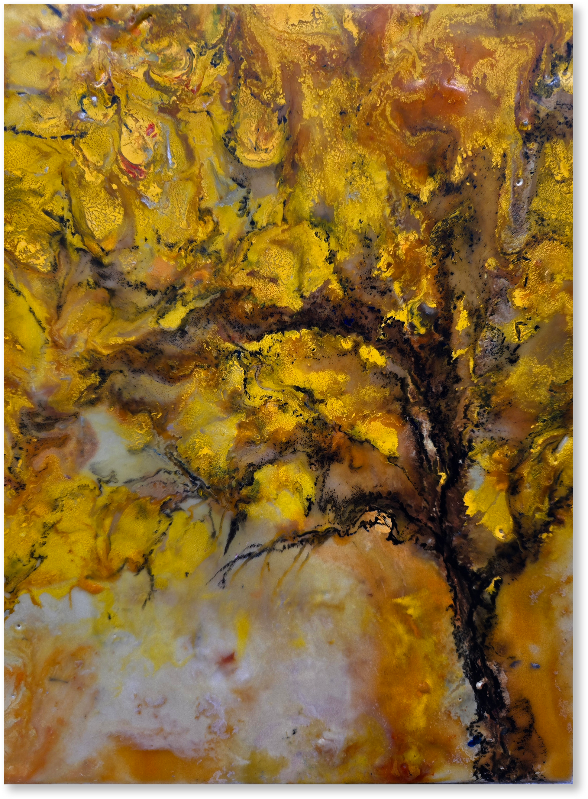 Abstract artwork with a tree and warm colors