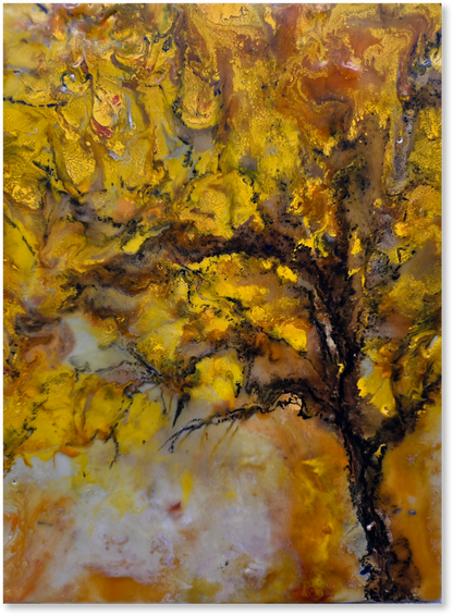 Abstract artwork with a tree and warm colors