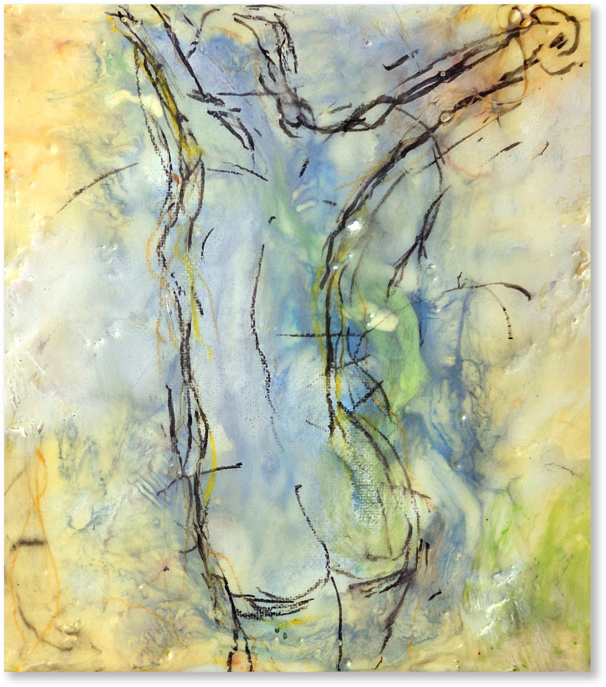Abstract artwork with fluid lines and color blending on a textured surface