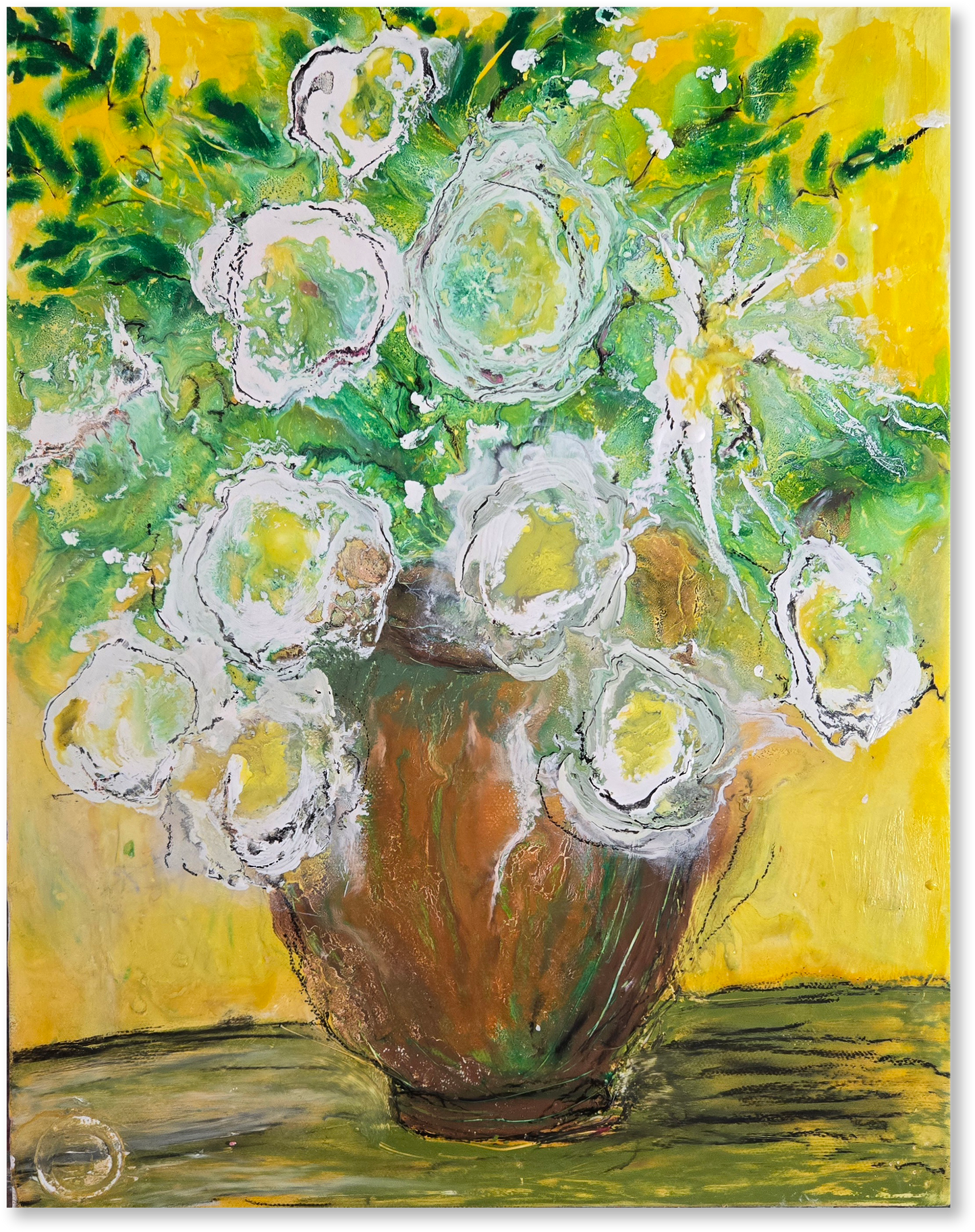 Painting of a vase with flowers on a yellow background