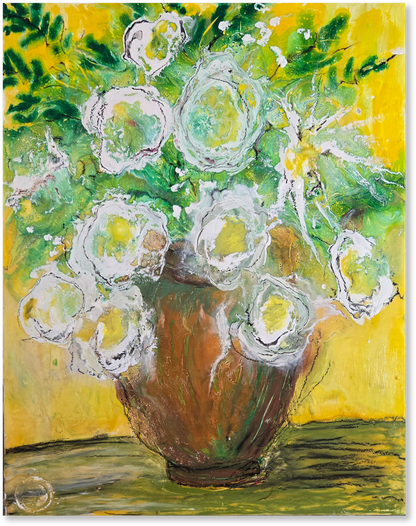 Painting of a vase with flowers on a yellow background