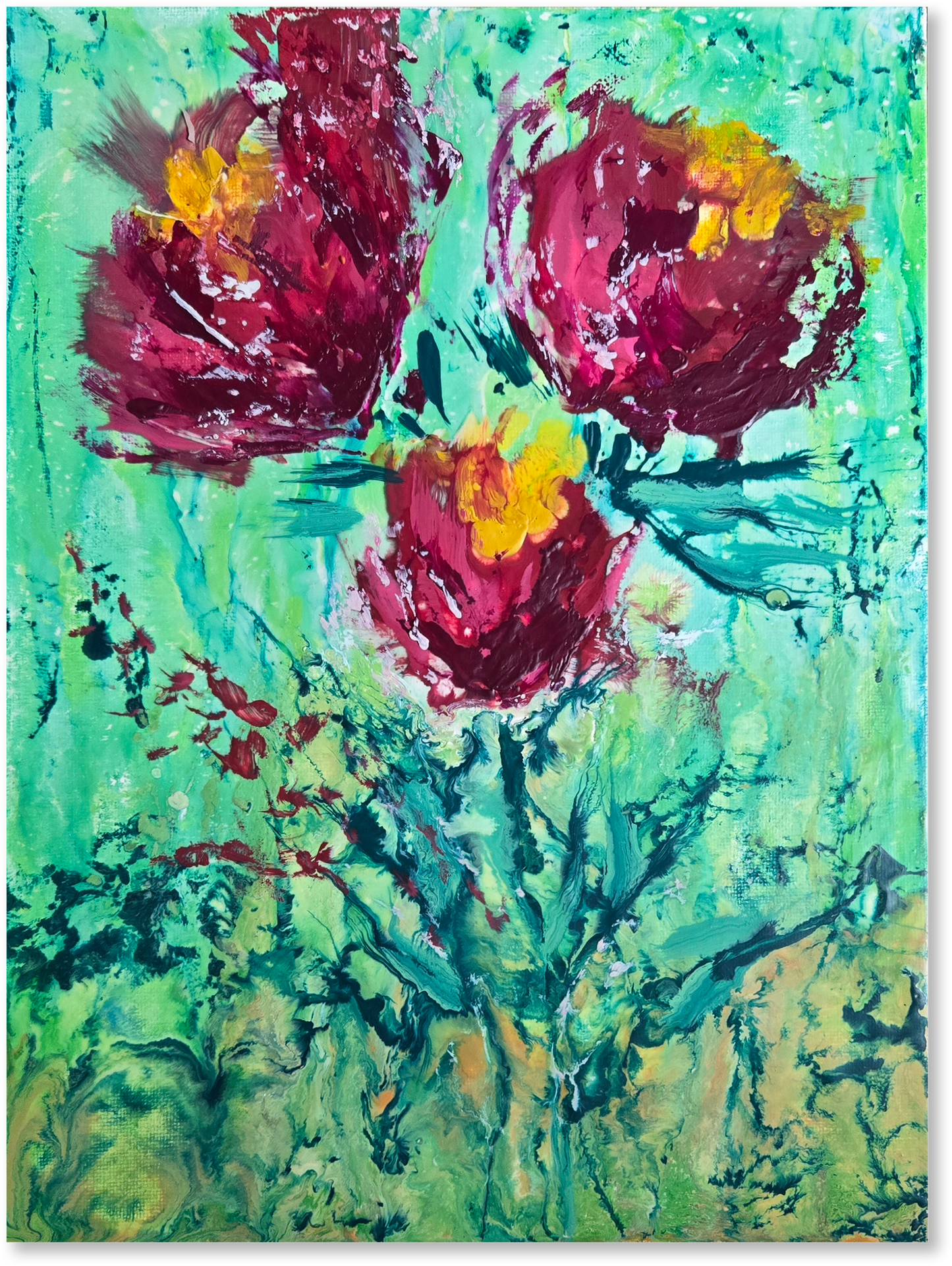 Abstract painting of red flowers with a green background