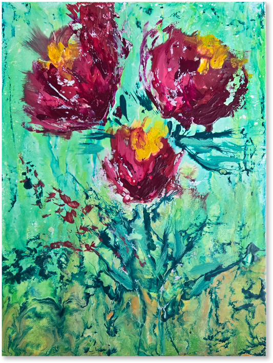 Abstract painting of red flowers with a green background