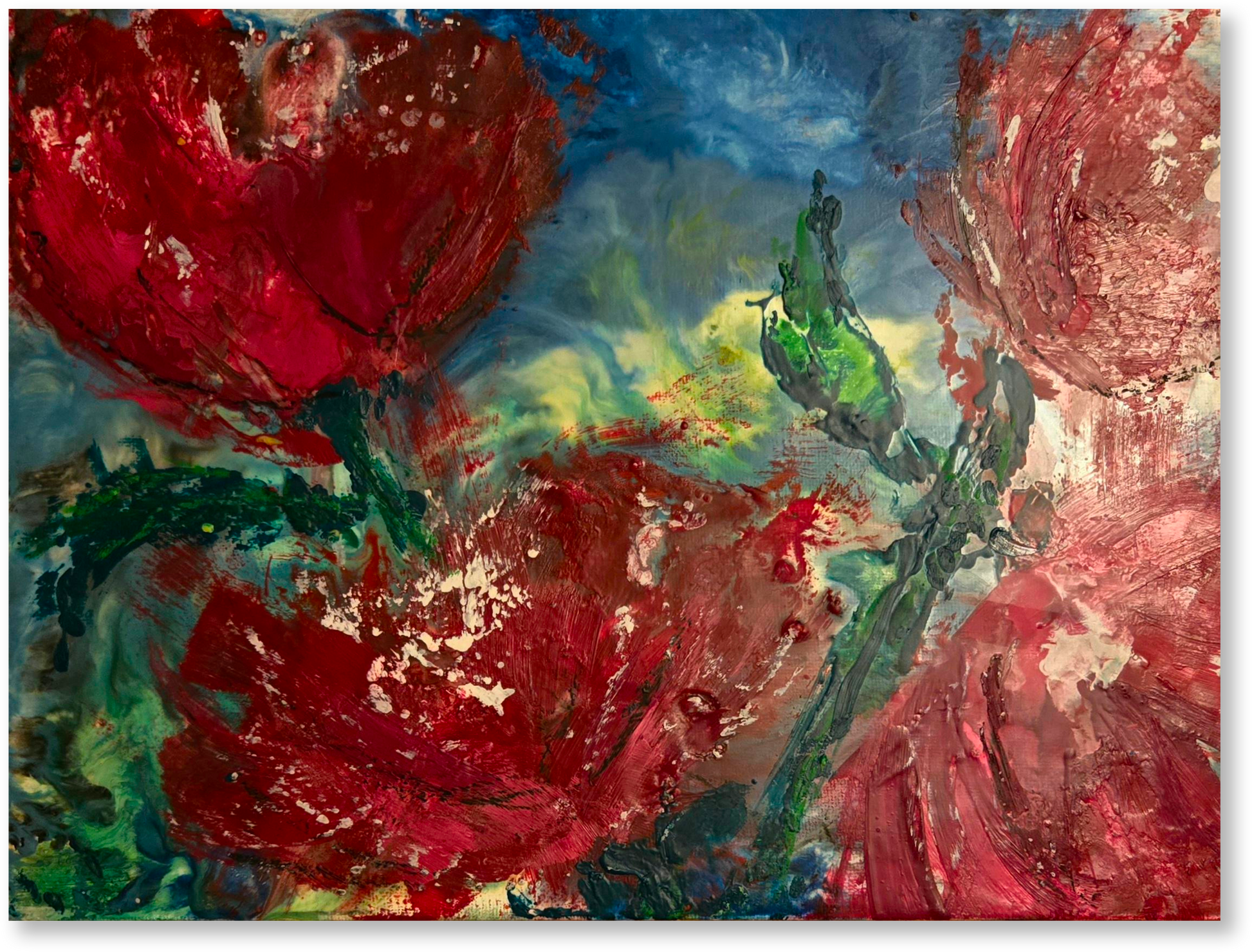 Abstract painting of red flowers with a colorful background
