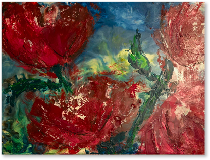Abstract painting of red flowers with a colorful background
