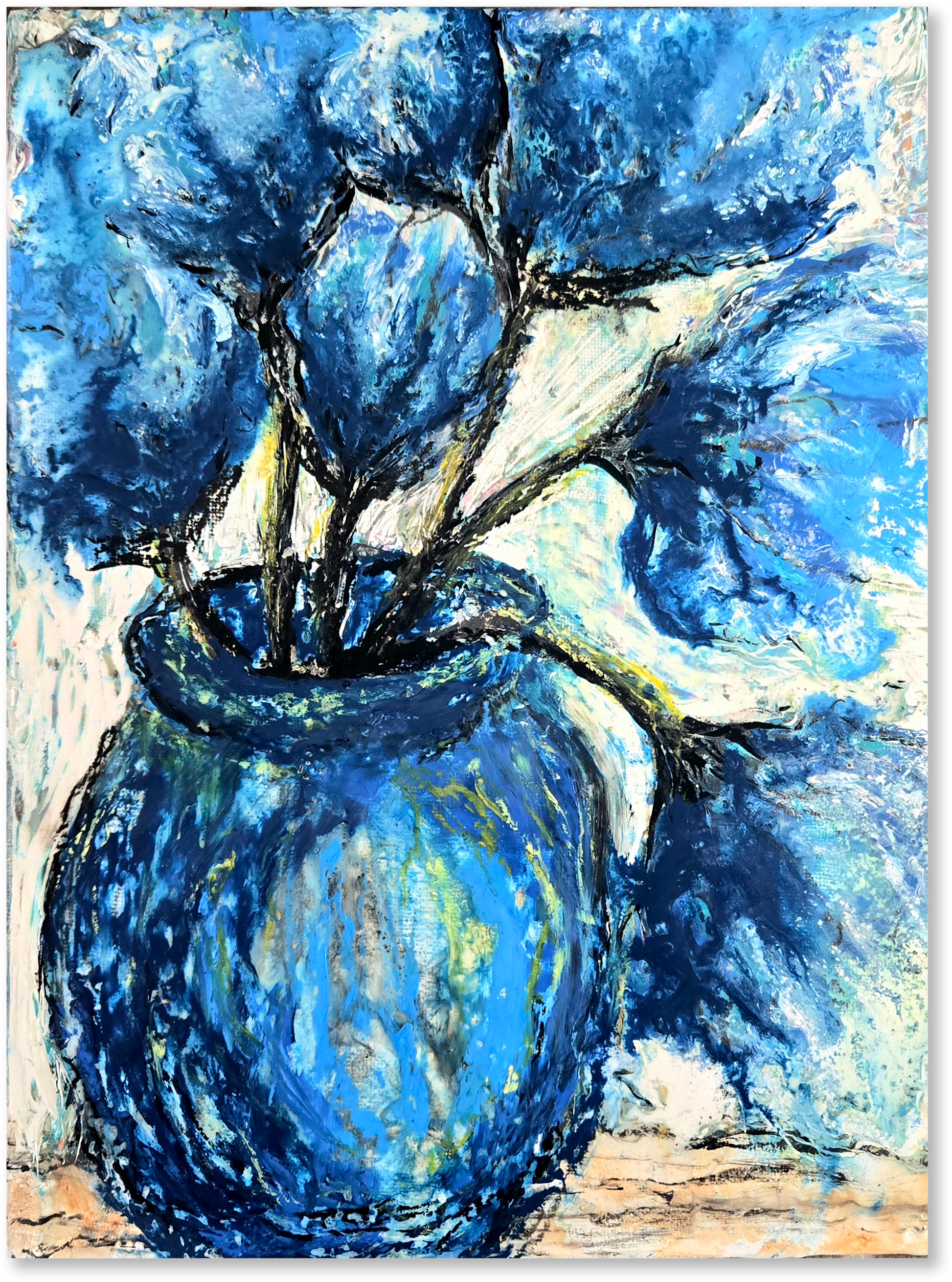 Blue vase with flowers on a textured background