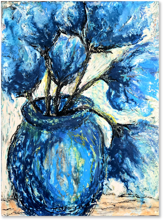 Blue vase with flowers on a textured background