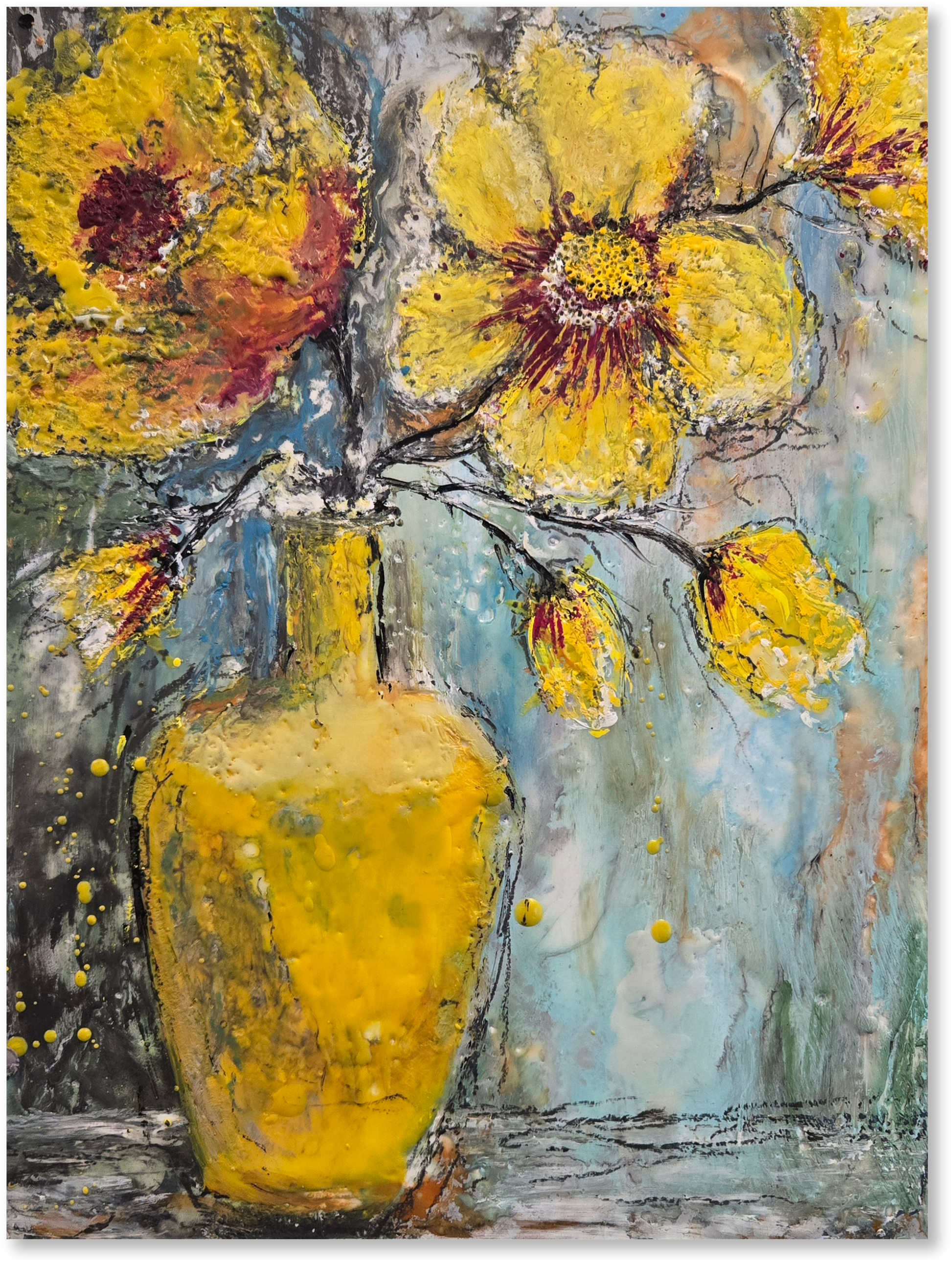 Artistic depiction of a yellow vase with flowers against a textured background