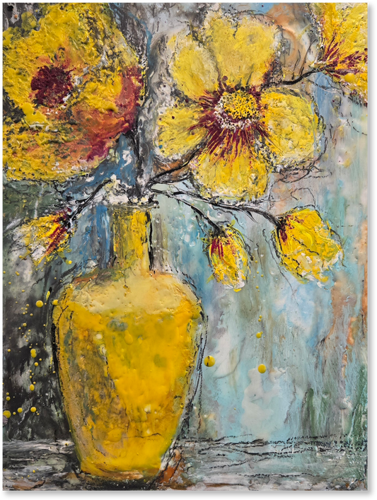Artistic depiction of a yellow vase with flowers against a textured background