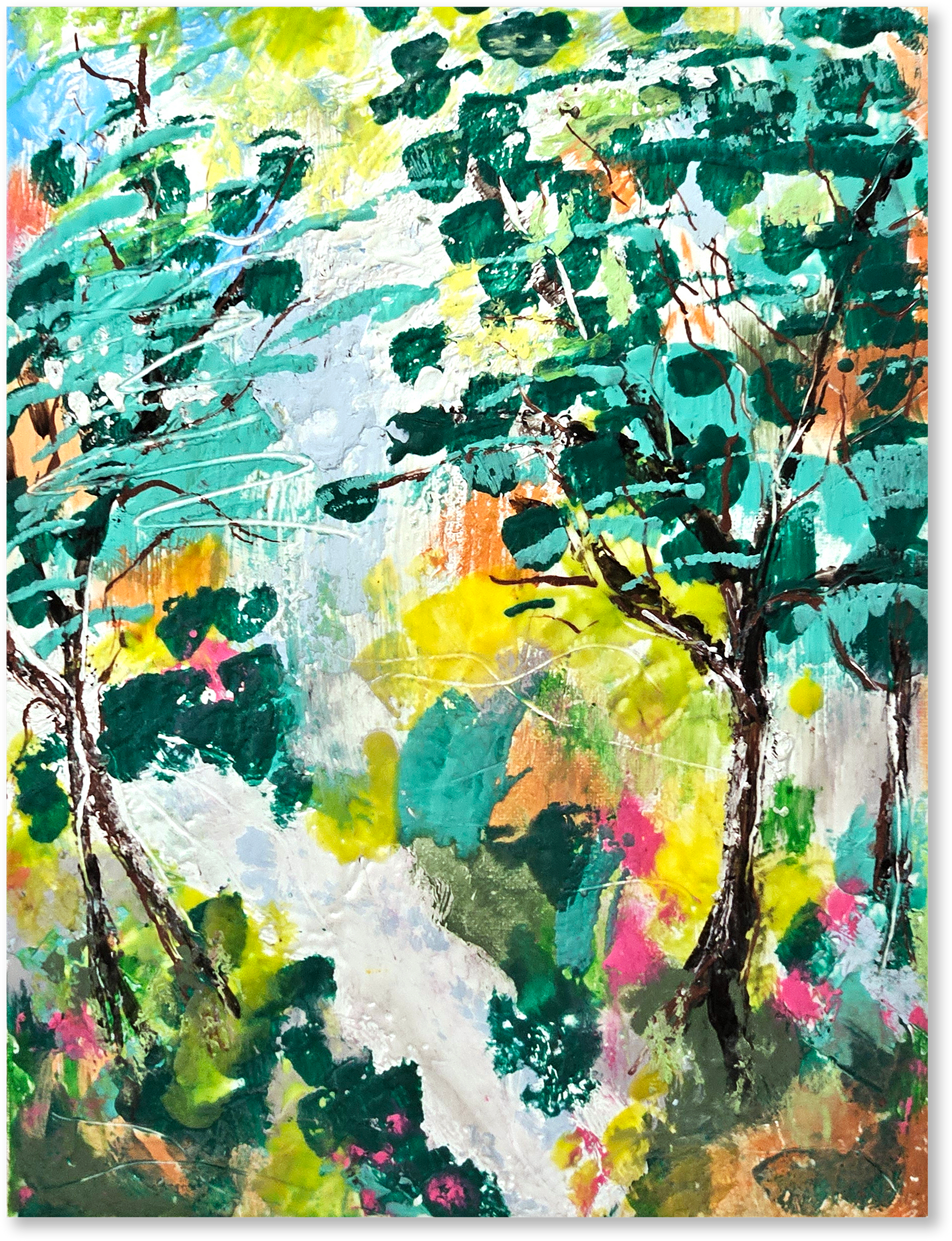 Colorful abstract painting of trees and nature