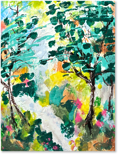 Colorful abstract painting of trees and nature