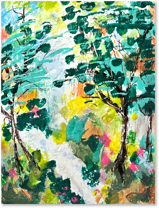 Colorful abstract painting of trees and nature