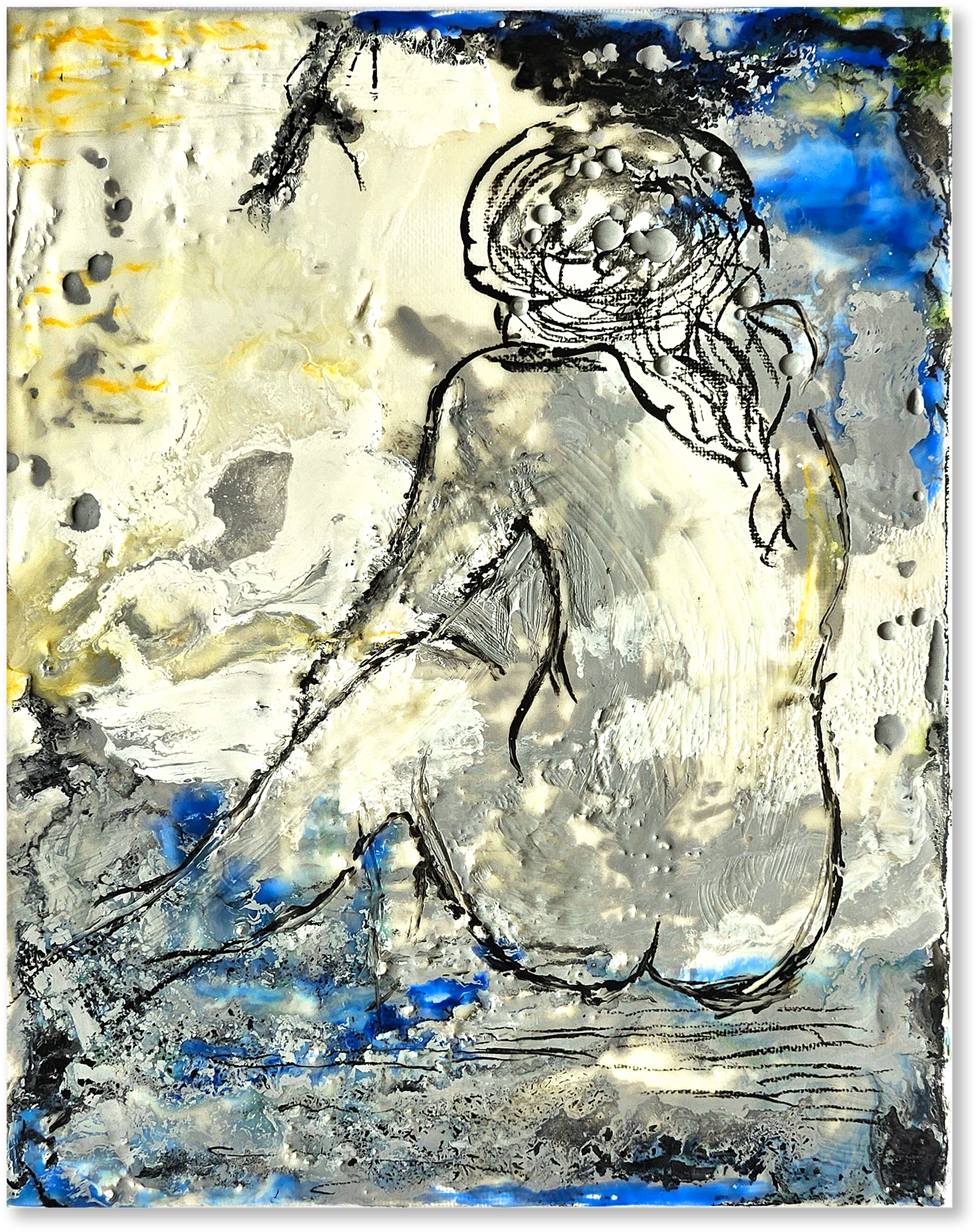 Abstract artwork of a nude figure with a blue and gray background